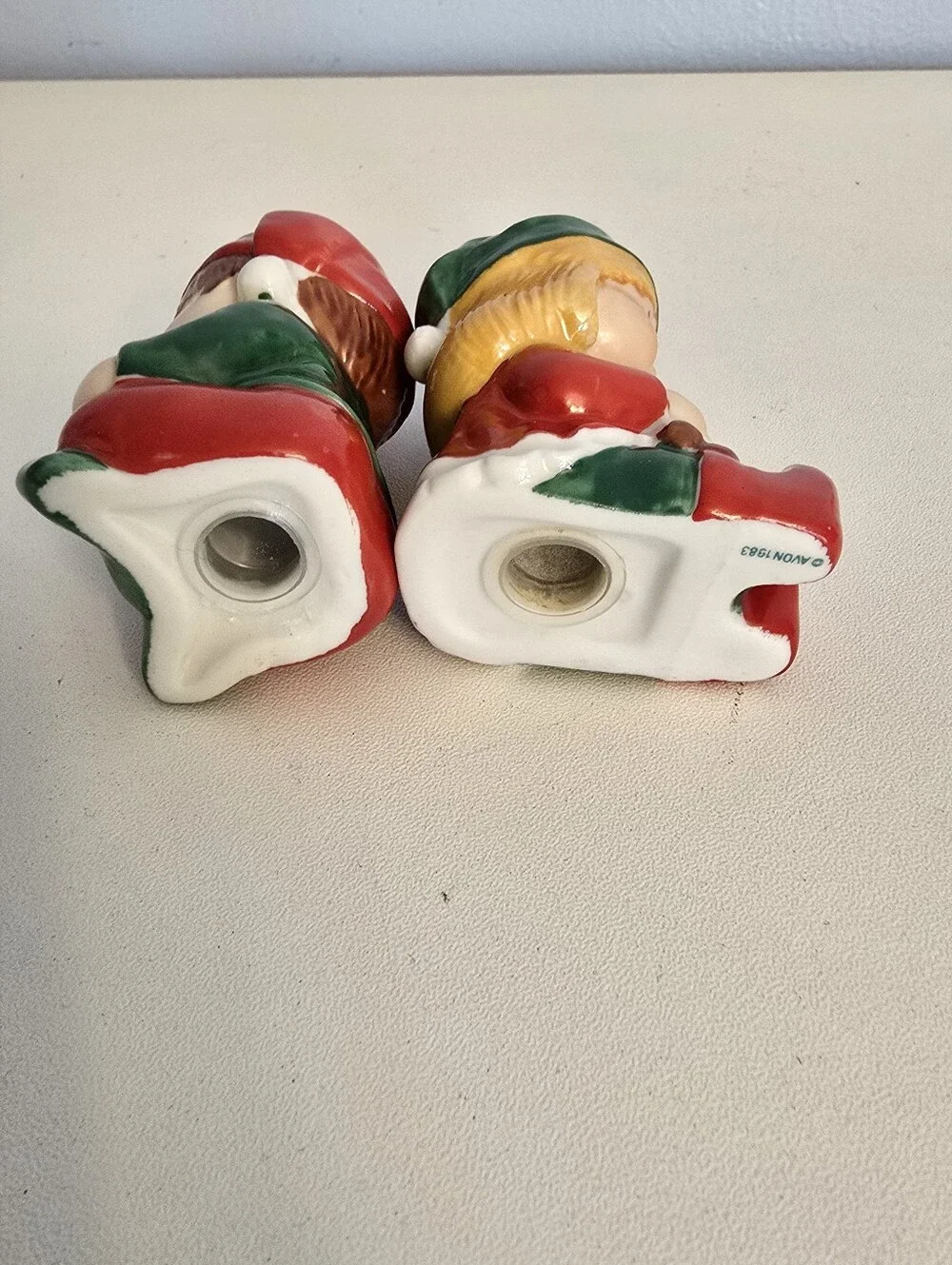 Vintage 1983  Santas Helpers Salt And Pepper Figurines Avon Ceramic With Plugs